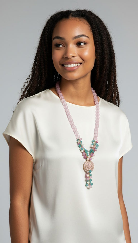 Collana Lunga ad Y con Centrale e Grappoli Rosa/Celeste/Bianco