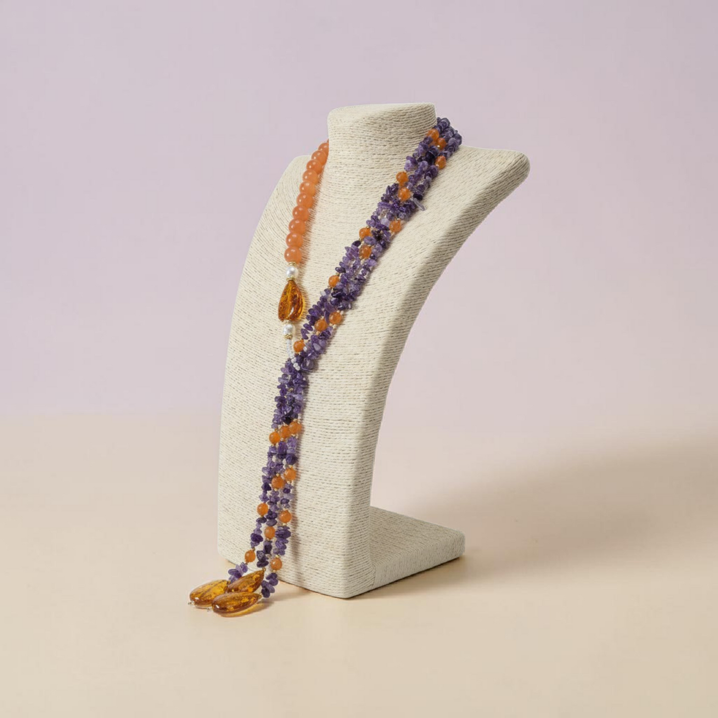 Collana Lunga ad Y Con Ametista, Ambra e Perle