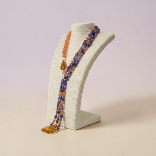 Collana Lunga ad Y Con Ametista, Ambra e Perle