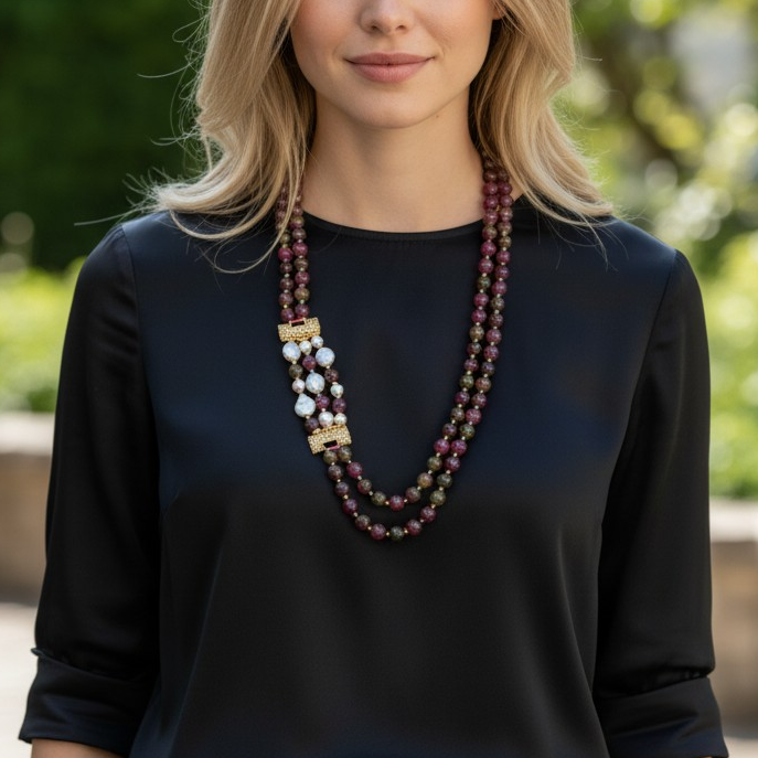 Collana Doppio filo di Quarzo e Perle Barocche