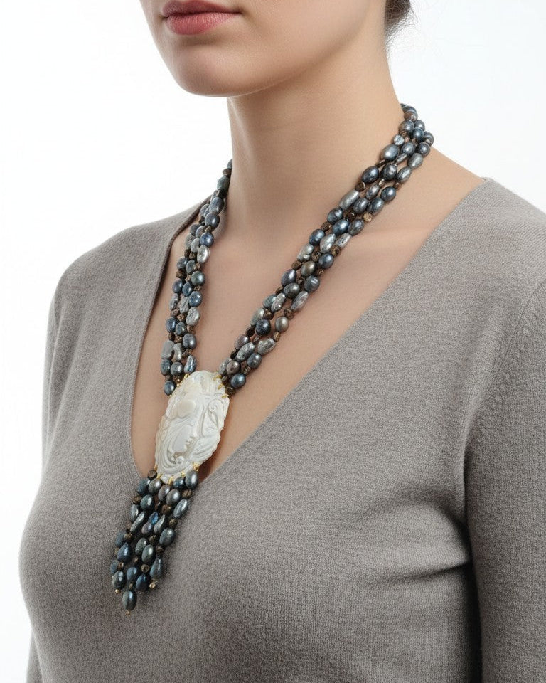 Long Necklace with Multicolor Sapphire Stones, S925 Silver and Gold