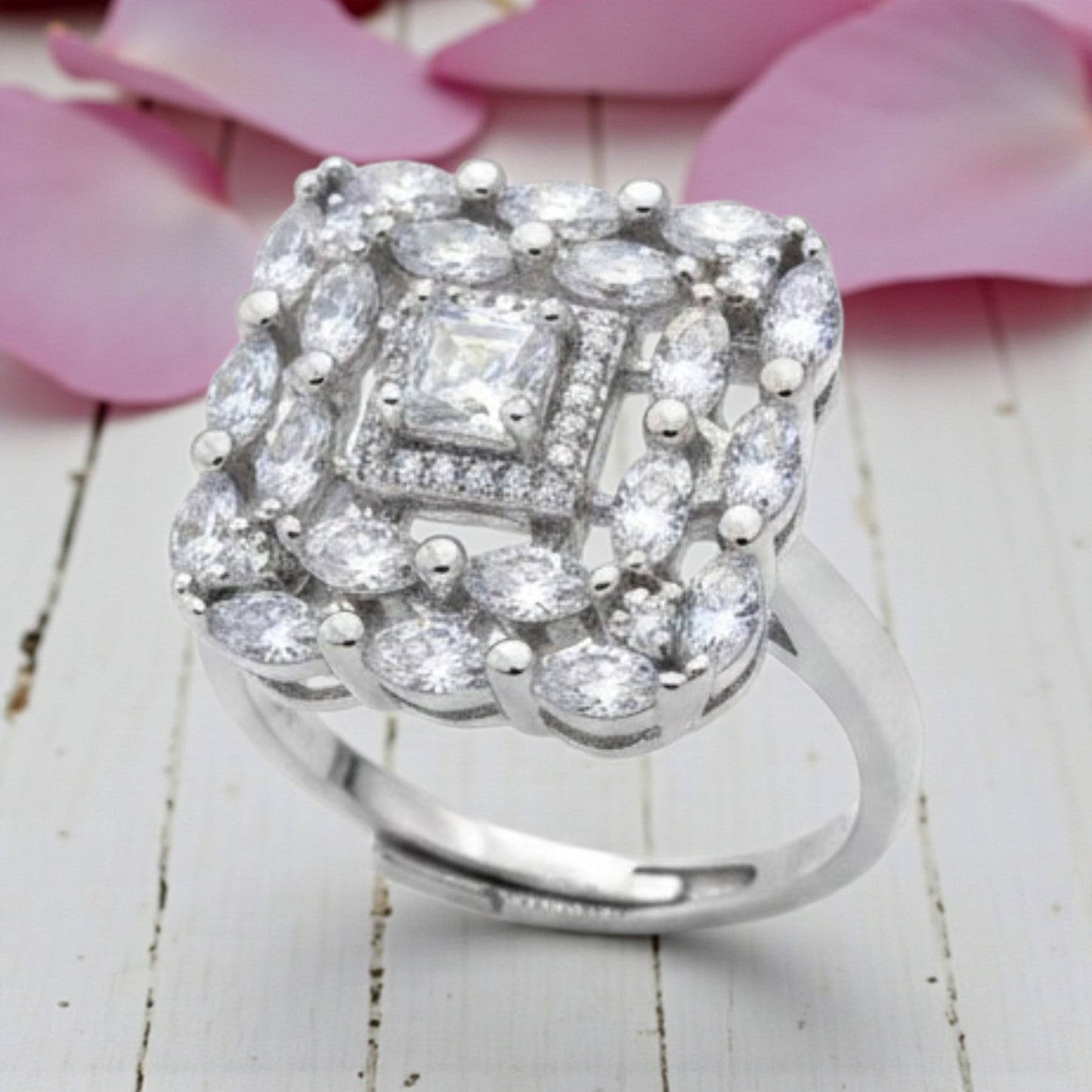 Anello Quadrato Reale, in Argento S925 e Zirconi