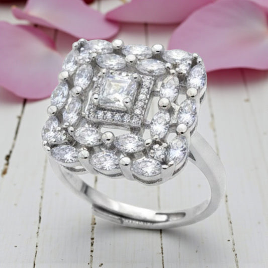 Anello Quadrato Reale, in Argento S925 e Zirconi