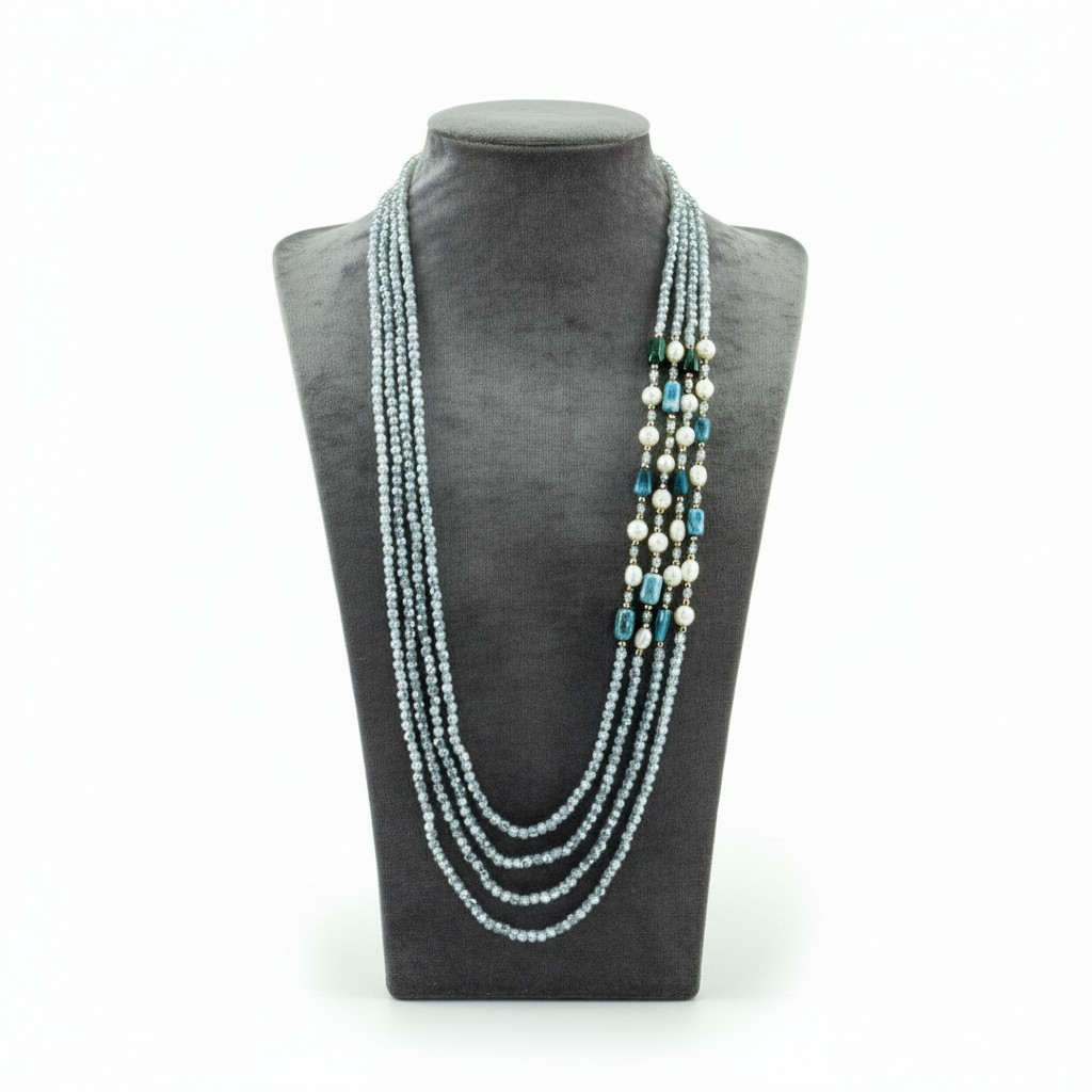 Collana Lunga 4 fili in Pietre di Apatite e Perle di fiume