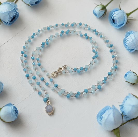 Collana Lunga Stile Rosario con  Acquamarina, in Argento s925