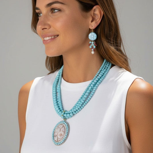 Collana Maxi Multifilo, Pietre di Pasta di Turchese e Cameo Incroniciato