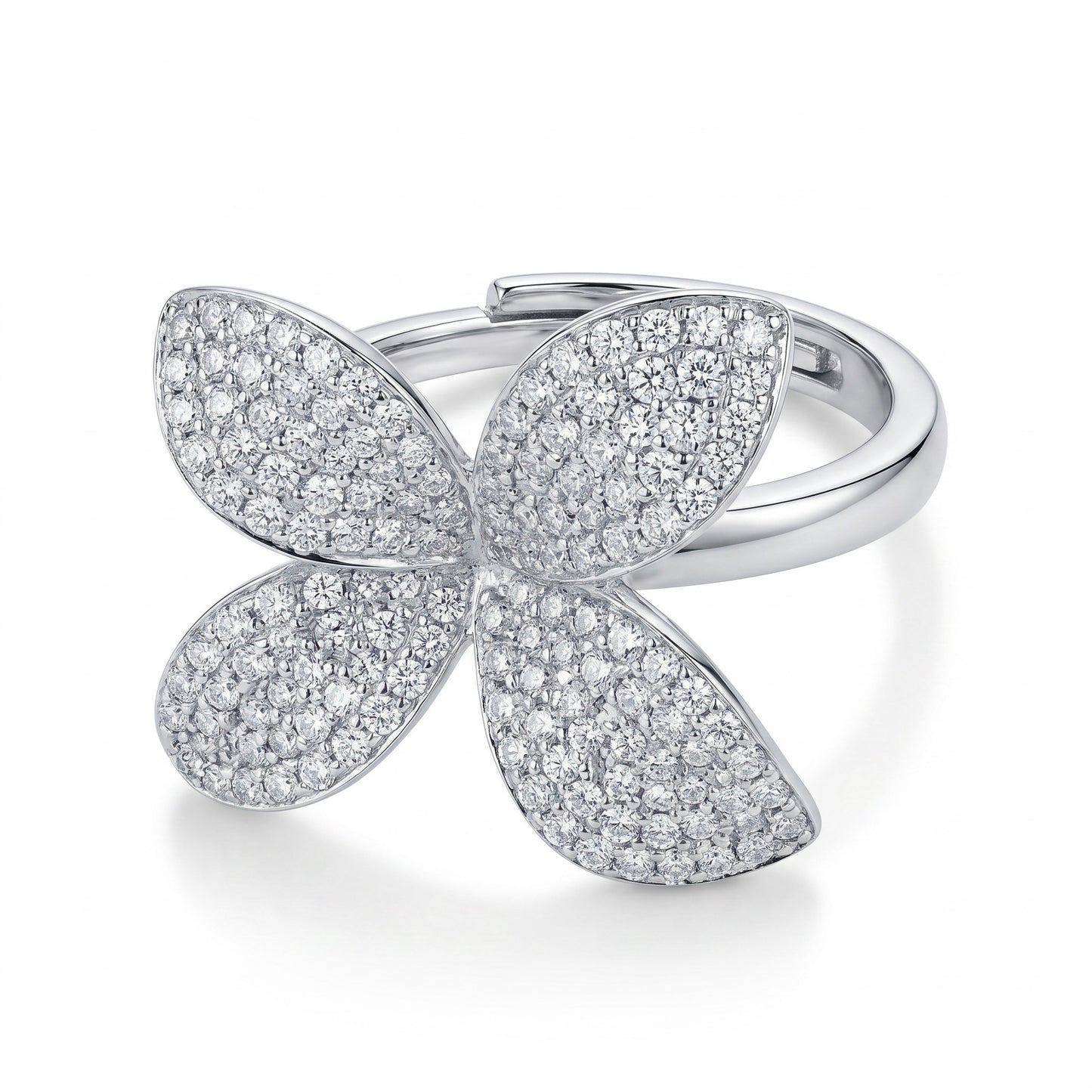 Anello Fiore 4 Petali, in Argento S925 e Zirconi