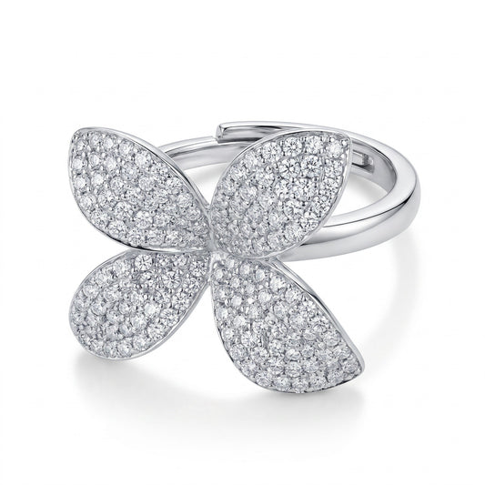 Anello Fiore 4 Petali, in Argento S925 e Zirconi