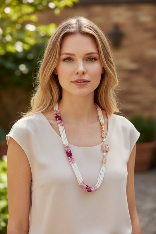 Collana cristalli a 5 fili Rosa e Bianco, con elemento decorativo in Quarzo Rosa