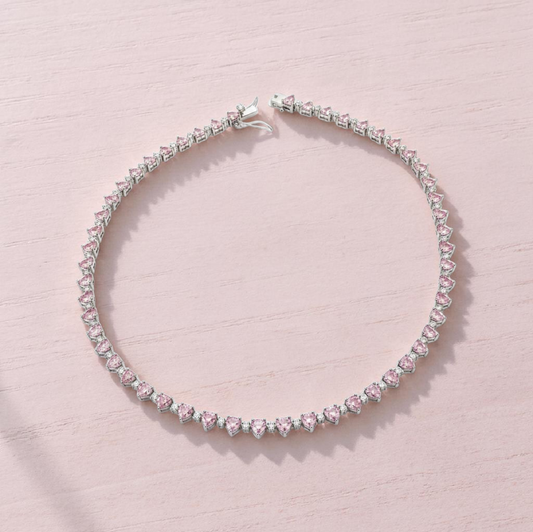 Collana Tennis Cuori Rosa e Punti Luce, 5 mm, Argento 925