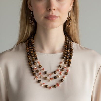 Long Necklace with Multicolor Sapphire Stones, S925 Silver and Gold