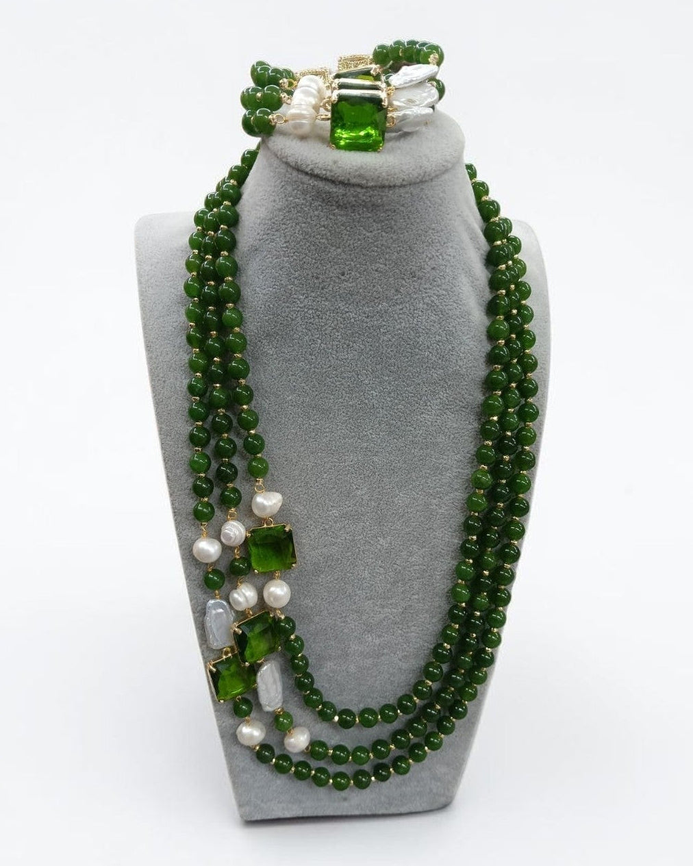 SET Collana Maxi con 3 file di Onice Verde e Perle Barocche
