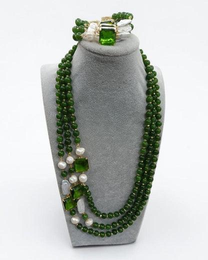 SET Collana Maxi con 3 file di Onice Verde e Perle Barocche