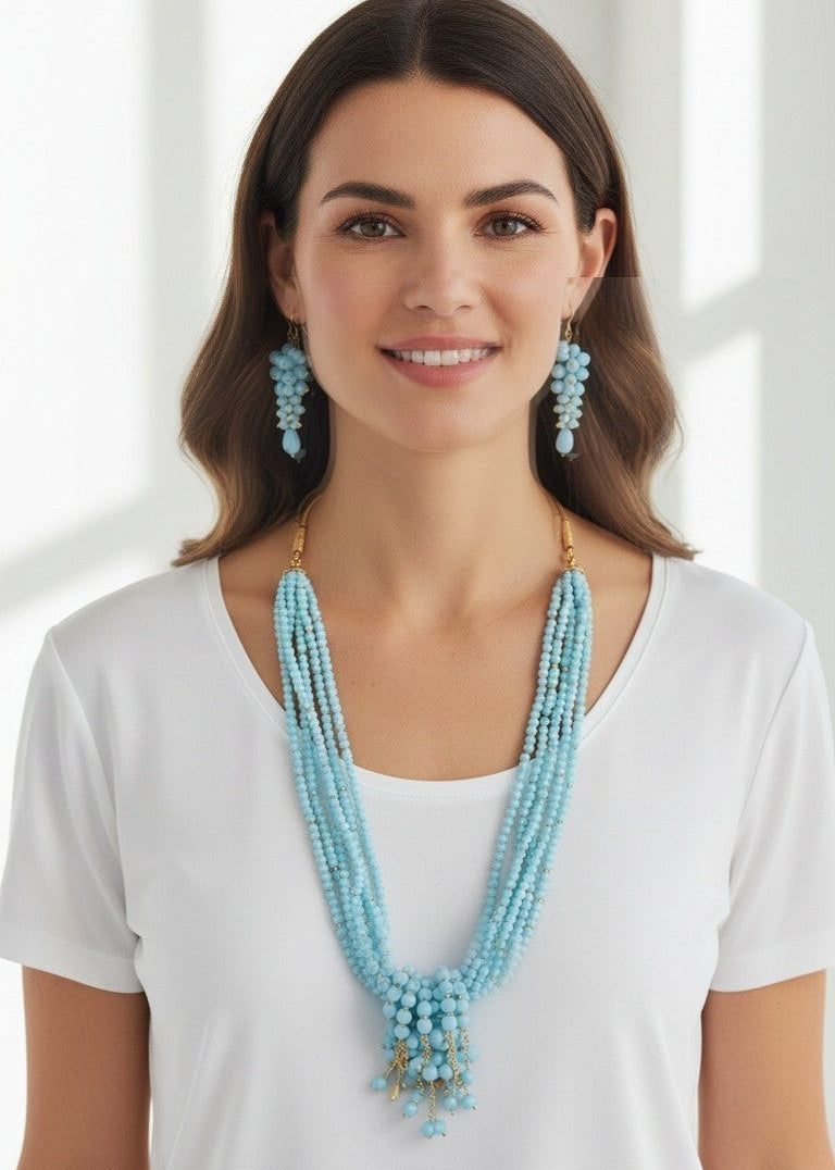 Collana Maxi con Nodo, Pietre di Pasta di Turchese e Perle