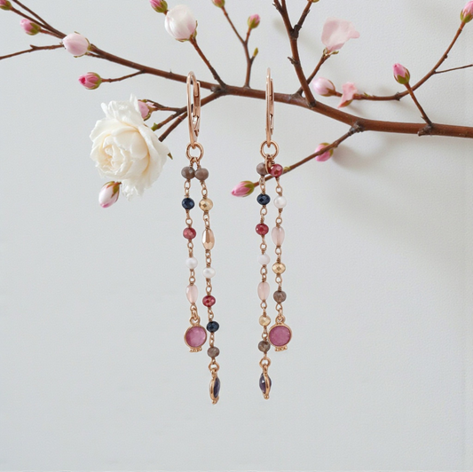 Orecchini Lunghi con doppio filo color e ruby, Argento s925