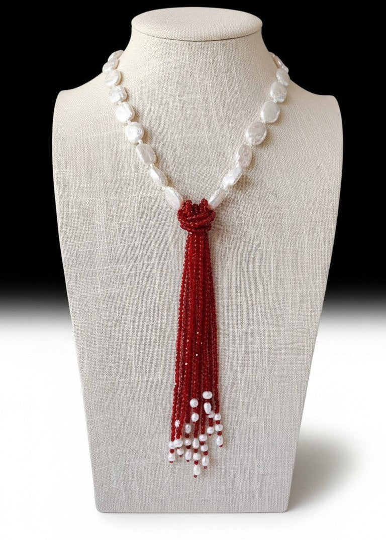 Collana Cravatta Viola Rossa e Bianca da Donna, con Perle e Pietre Naturali