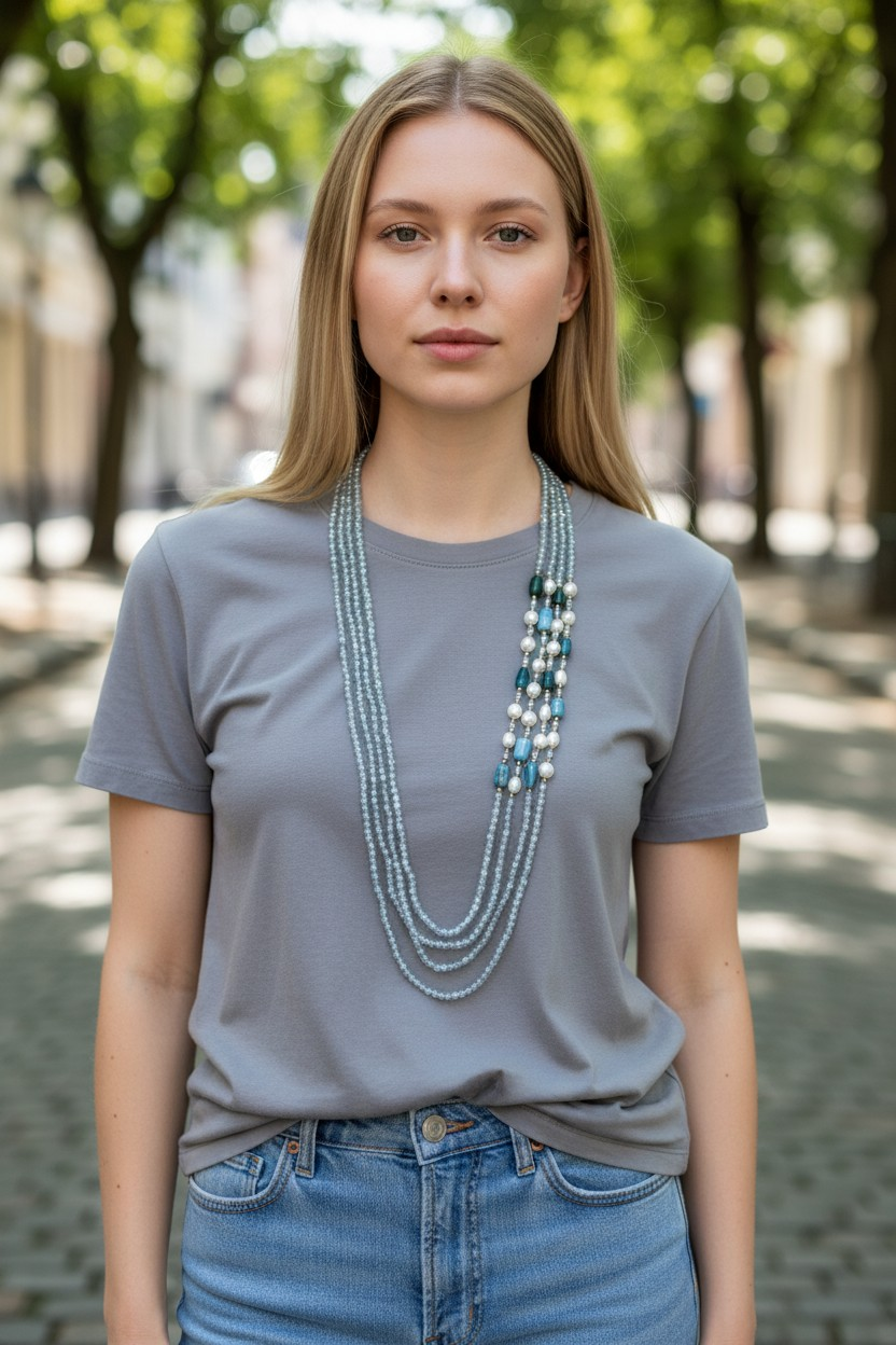Collana 3 fili in Pietre di Cianite e Perle