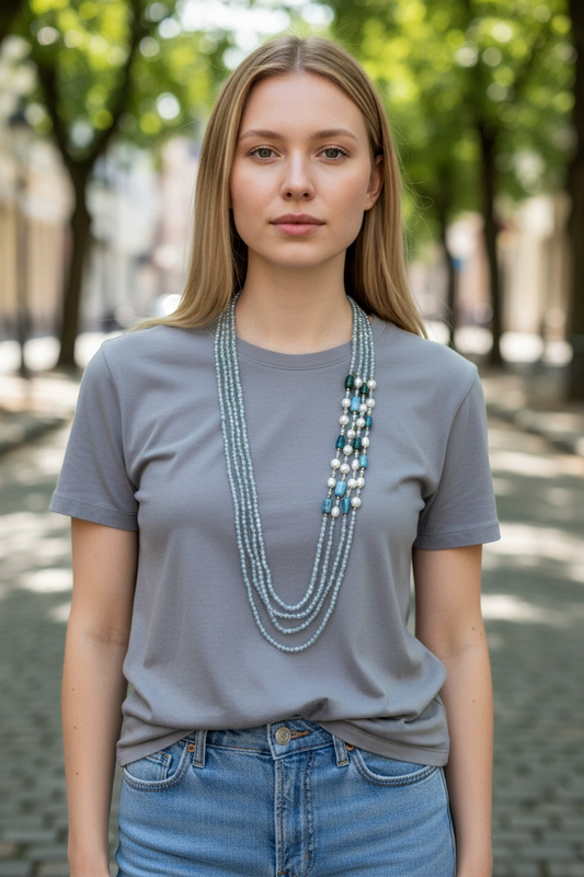 Collana 3 fili in Pietre di Cianite e Perle