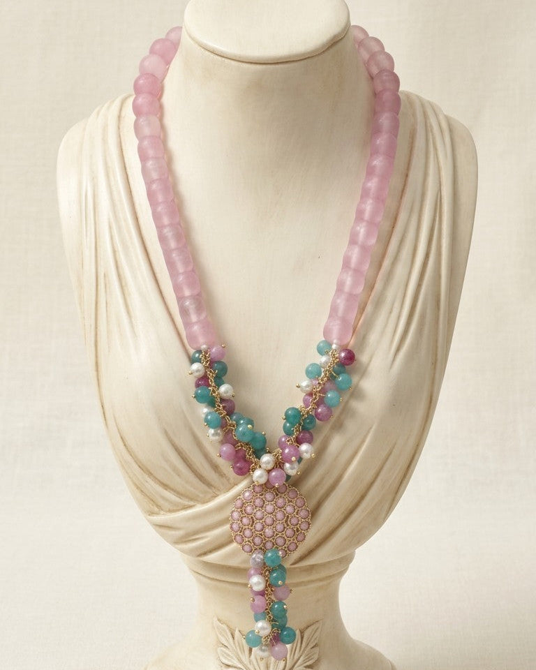 Collana Lunga ad Y con Centrale e Grappoli Rosa/Celeste/Bianco