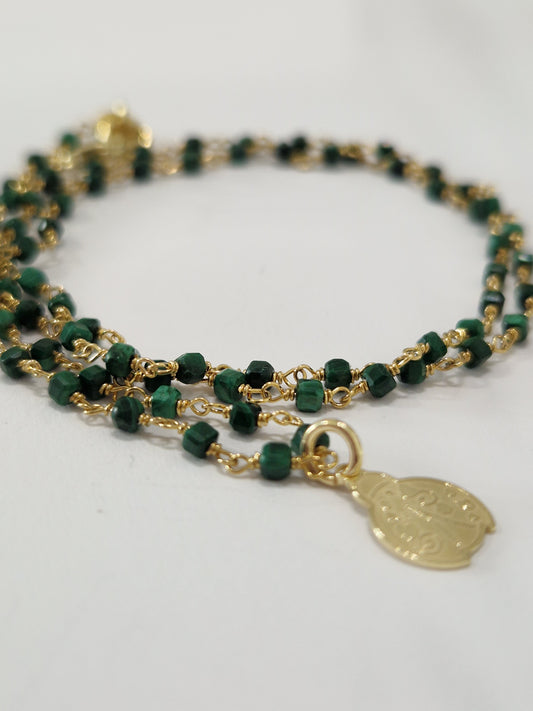 Collana Lunga Stile Rosario con Malachite, in Argento s925
