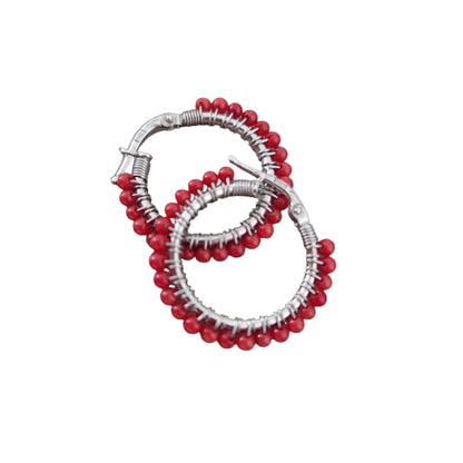 Orecchini 15mm con Perline di Corallo Rosso, in Argento s925