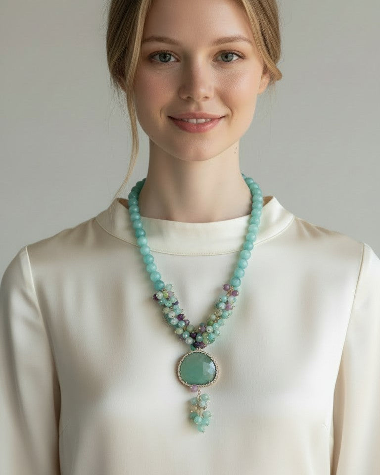 Collana Lunga ad Y con Goccia e Grappoli Color Verde Mare/Paraiba