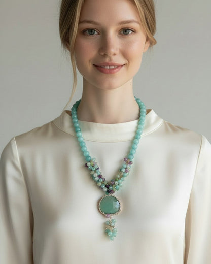 Collana Lunga ad Y con Goccia e Grappoli Color Verde Mare/Paraiba