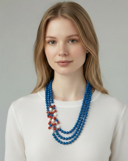 Long Necklace with Multicolor Sapphire Stones, S925 Silver and Gold