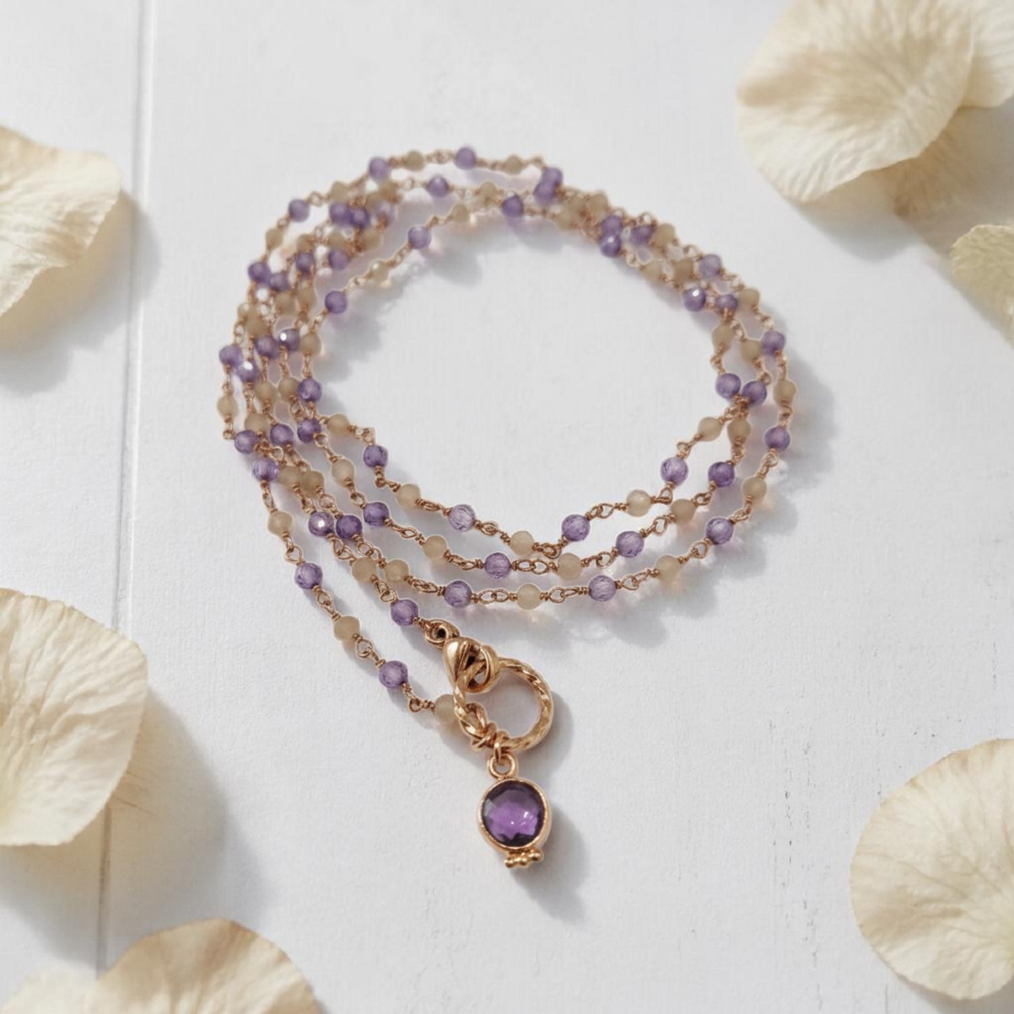 Collana Lunga Stile Rosario con Ametista e Quarzo Fumè, in Argento s925