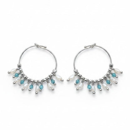 Hoop earrings with pearls and colored beads, in silver and gold