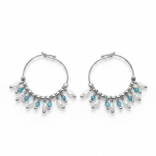 Hoop earrings with pearls and colored beads, in silver and gold