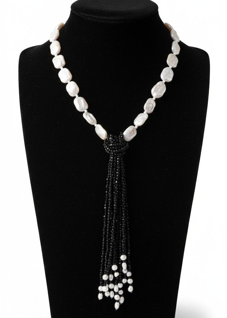 Collana Cravatta Nera e Bianca da Donna, con Perle e Pietre Naturali