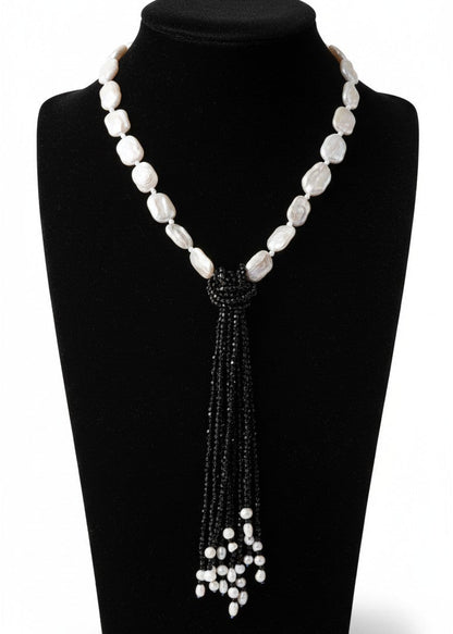 Collana Cravatta Nera e Bianca da Donna, con Perle e Pietre Naturali