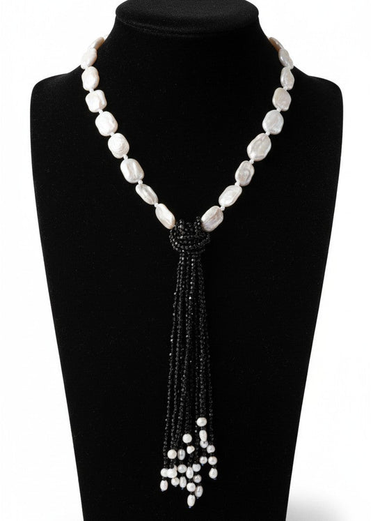 Collana Cravatta Nera e Bianca da Donna, con Perle e Pietre Naturali