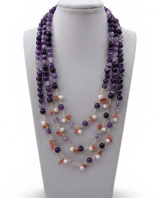 Long Necklace with Multicolor Sapphire Stones, S925 Silver and Gold