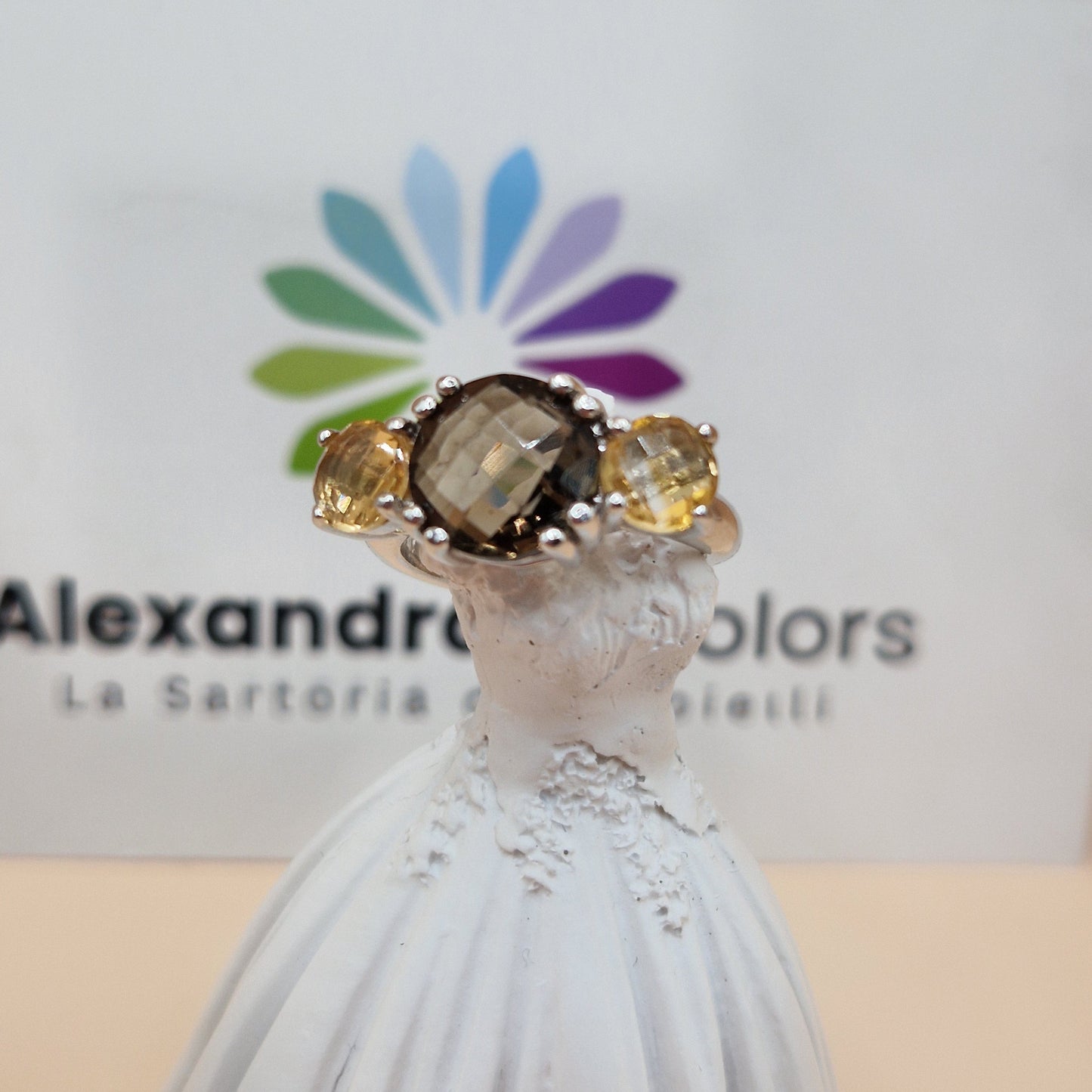 Anello Pregiato Quarzo Fumè e Citrino, Argento s925