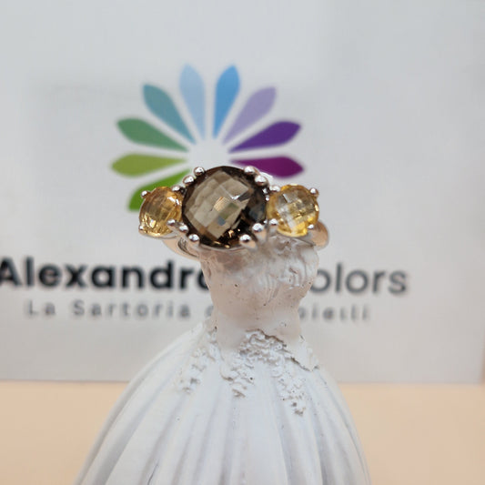 Anello Pregiato Quarzo Fumè e Citrino, Argento s925