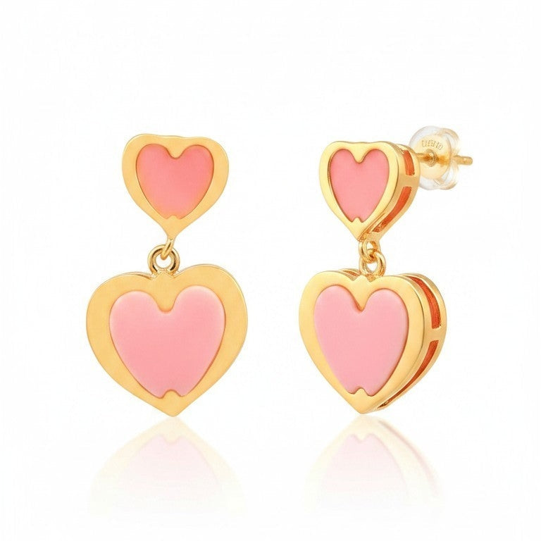 Orecchini DOPPIO CUORE ROSA, quarzo rosa, in ACCIAIO inox