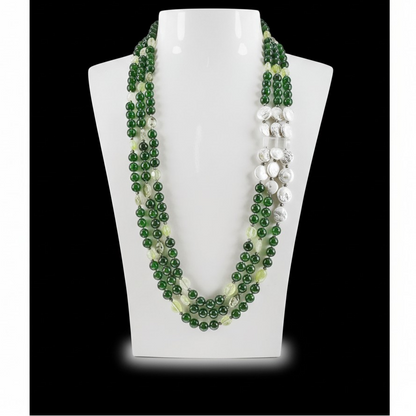 Collana 3 fili in Pietre Quarzo Verde e Perle barocche