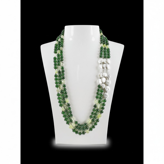 Collana 3 fili in Pietre Dure Verdi e Perle