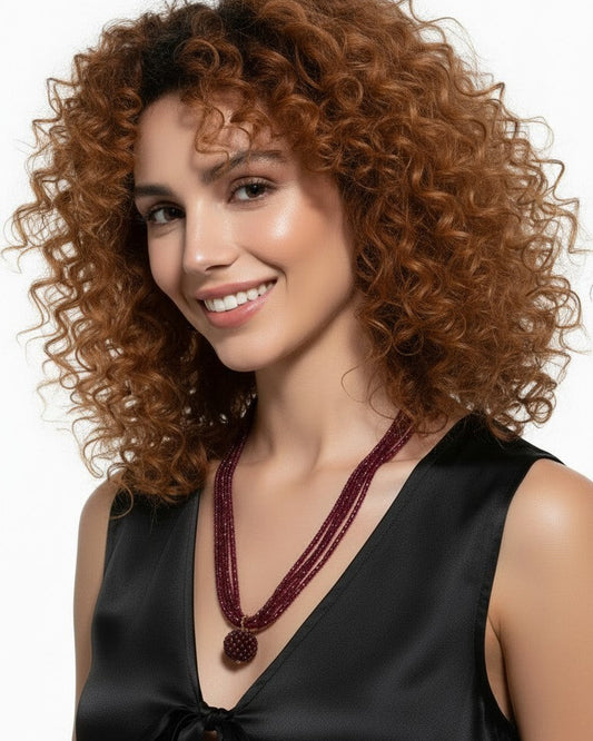 Collana Lunga con Cristalli Bordeaux e Ciondolo Tondo con Cristalli abbinati