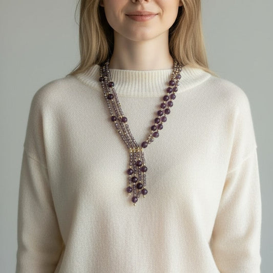 Long Necklace with Multicolor Sapphire Stones, S925 Silver and Gold