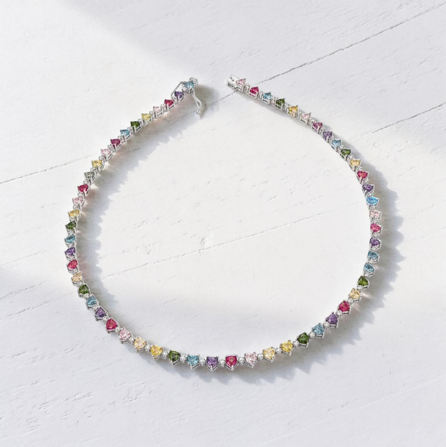 Collana Tennis Cuori Multicolor e Punti Luce, 5 mm, Argento 925