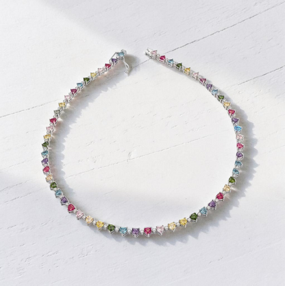 Collana Tennis Cuori Multicolor e Punti Luce, 5 mm, Argento 925