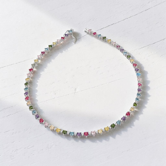 Collana Tennis Cuori Multicolor e Punti Luce, 5 mm, Argento 925