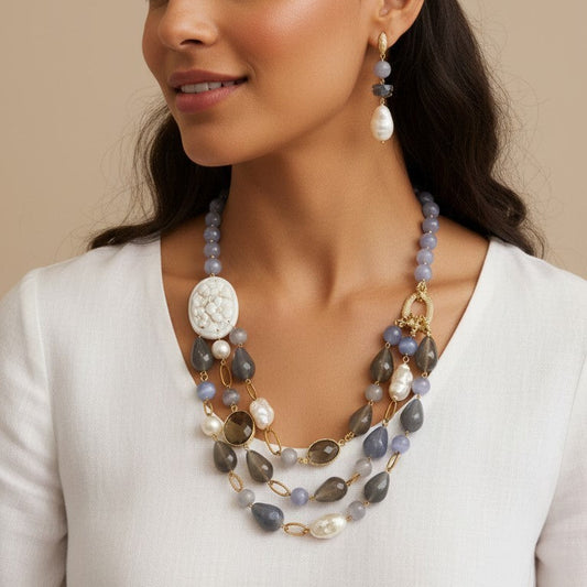 Collana Maxi con Gocce e Perle Grigio Degradè + Cameo