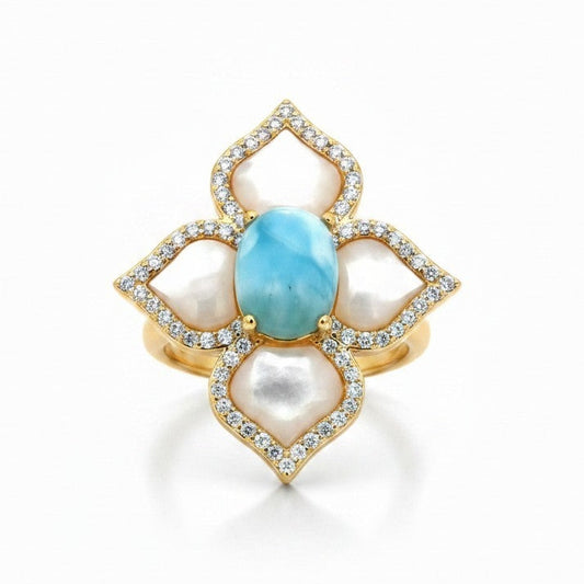 Anello Modello IRIS con Madreperla e Turchese, in ACCIAIO inox