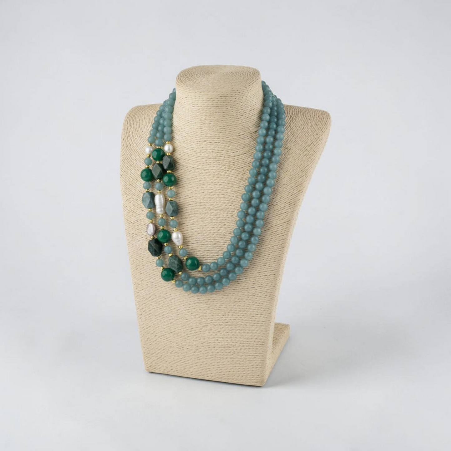 Collana 2 fili in Calcedonio e Quarzo Verde