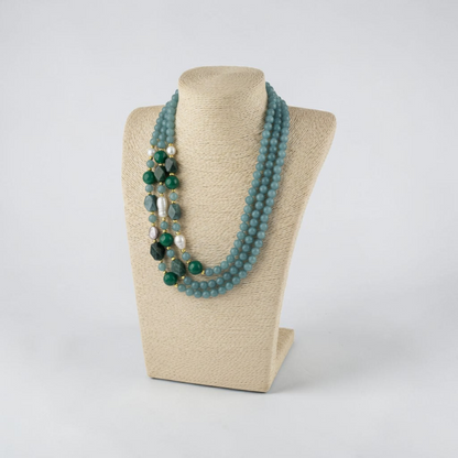 Collana 2 fili in Calcedonio e Quarzo Verde