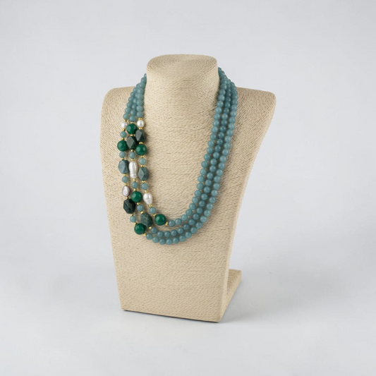 Collana 2 fili in Calcedonio e Quarzo Verde